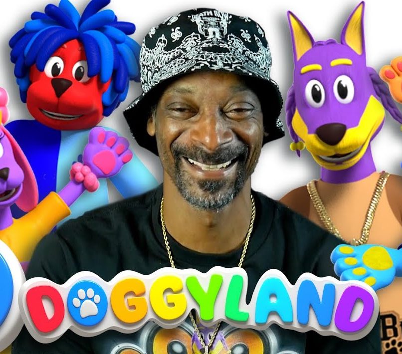 Rapper Snoop Dogg next to cartoon characters with "Doggyland" written in the lower third.