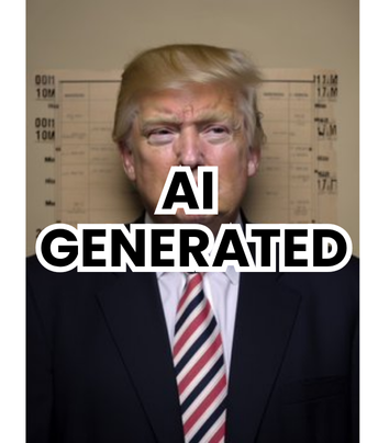 Photo of Donald Trump with text reading AI Generated over his face.