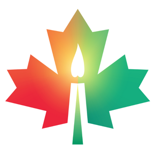 Logo of maple leaf. Left side is red and right side is green. There is a candle in the center that makes up the stem.