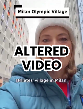 Video clip of CBC Chief Correspondent Adrienne Arsenault reporting in Olympics athlete's village in Milan with super imposed text "AI ALTERED VIDEO"
