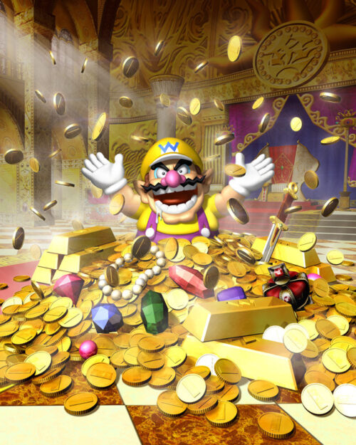 Artwork depicting Nintendo character Wario in a pile of gold and jewels.