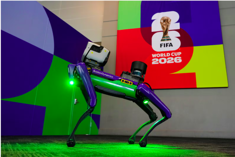 Purple and green robot that resembles a dog in front of FIFA World Cup 2026 logo.